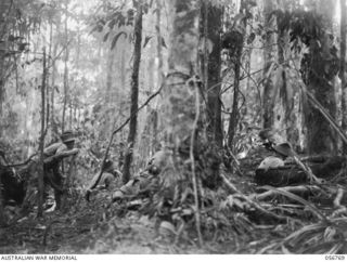 SALAMAUA AREA, NEW GUINEA. 1943-07-24. TROOPS OF "D" COMPANY, 2/5TH BATTALION WAITING FOR ZERO HOUR TO MOVE INTO ACTION. LEFT TO RIGHT: VX3347 CAPTAIN L. A. CAMERON, MC, OFFICER COMMANDING "D" ..