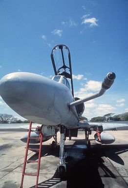 An A-4 Skyhawk aircraft equipped wih a refueling probe on the flightline during Exercise COPE CANINE '85