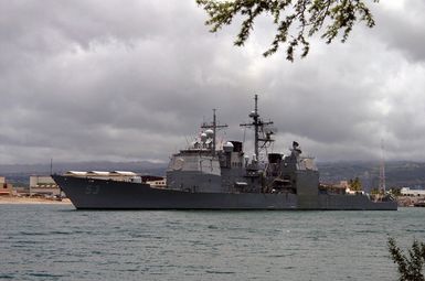 Port bow view of the US Navy (USN) Ticonderoga Class Guided Missile Cruiser (Aegis) USS MOBILE BAY (CG 53), as it prepares to exit the harbor at Navy Base (NB) Pearl Harbor, Hawaii (HI) for the start of the Rim of the Pacific (RIMPAC) 2006 Exercise. RIMPAC is the largest biennial maritime exercise, which brings together military forces from Australia, Canada, Chile, Peru, Japan, the Republic of Korea, the United Kingdom and the US