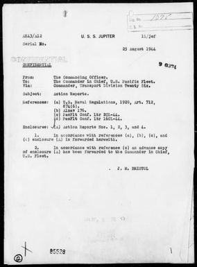 USS JUPITER - AA Act Reps, 6/16-18/44 West of Saipan Is, Marianas