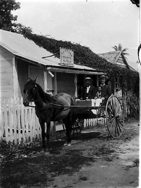 Two men in a horse drawn cart