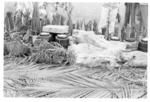 Food on tables under temporary shelter