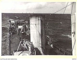 AT SEA OFF RABAUL, NEW BRITAIN. 1945-09-04. ACTIVITY ON BOARD HMAS VENDETTA AS THE SHIP PROCEEDS TO A SEA RENDEZVOUS WITH REPRESENTATIVES OF GENERAL H. IMAMURA, COMMANDER EIGHTH AREA ARMY, FOR PRE- ..