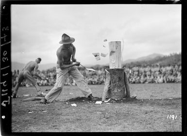 Soldier taking part in a wood chopping competition in New Caledonia during World War 2