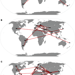 Bayes factor (BF) test for significant non-zero HBV/D migration rates worldwide.