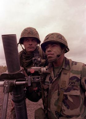 PFC. Jose Rodriguez and SPEC. 4 Charles Washington, 81mm mortar section, 1ST Bn., 35th Inf., 25th Inf. Div., prepare for a live fire training exercise with an 81mm mortar