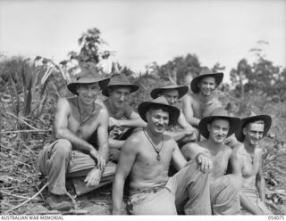 MILNE BAY, NEW GUINEA, 1943-07-12. TROOPS OF "D" COMPANY, 2/1ST AUSTRALIAN PIONEER BATTALION, AIF. LEFT TO RIGHT:- FRONT ROW:- NX58074 PRIVATE L.J. CARBERRY; NX69602 PRIVATE B.T. WILSON; NX23357 ..