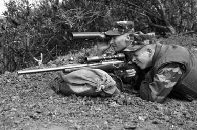 A Marine spots as a sniper prepares to fire a model 700 sniper rifle. Both members of the sniper team are from Station Platoon 1/3