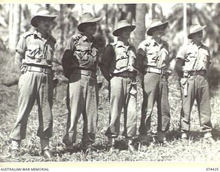 MADANG, NEW GUINEA. 1944-06-30. OFFICERS OF THE 24TH INFANTRY BATTALION WHO FOUGHT IN THE SALAMAUA CAMPAIGN. IDENTIFIED PERSONNEL ARE:- NX57168 LIEUTENANT C.J. EGAN (1); VX41023 LIEUTENANT L.W.A. ..