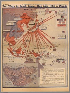 Two ways to reach Japan - One may take a decade. Los Angels Examiner ... Monday January 11, 1943. 22 Section 1. Howard Burke. (inset) Kusaie.