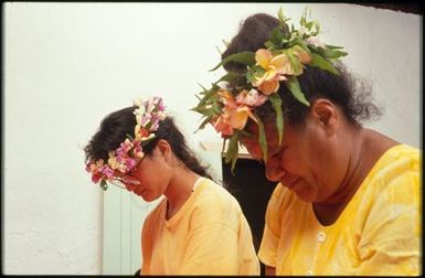 Two women making tivaevae, with Mrs Tokerau Munro