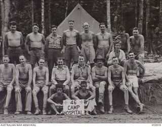 REINHOLD HIGHWAY, NEW GUINEA. 1943-07-08. STAFF OF THE 46TH AUSTRALIAN CAMP HOSPITAL DETACHMENT, NEAR BULLDOG BASE. LEFT TO RIGHT: BACK ROW: N210070 PRIVATE (PTE) J. FORRESTER; Q48382 PRIVATE (PTE) ..