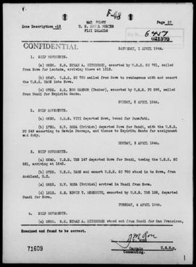 COMNAVFOR, FIJI ISLANDS - War Diary, 4/1-30/44