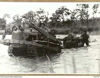 RAMU VALLEY, NEW GUINEA. 1943-11-26. A LIGHT 25 POUNDER GUN OF NO. 8 BATTERY, 2/4TH. AUSTRALIAN FIELD REGIMENT BEING HAULED ACROSS THE EVAPIA RIVER IN THE KESAWAI AREA