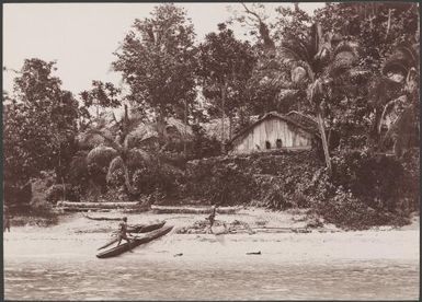 Islanders and canoes on the shore of Nondu, Te Motu, Santa Cruz Group, Solomon Islands, 1906 / J.W. Beattie