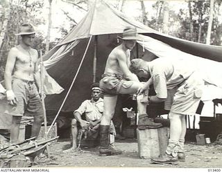 1942-10-09. CORPORAL J.R. MCNICOL, MEDICAL ORDERLY AT A WAGGON LOADING POST SOMEWHERE IN THE NEW GUINEA JUNGLE, MANAGES A FIRST AID POST FOR TROOPS PASSING THROUGH THE AREA. (NEGATIVE BY BOTTOMLEY)