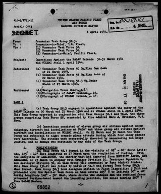 COMTASK-GROUP 58.3 - Rep of Carrier Based Air Strikes Palau Is, 3/30-31/44; Woleai Atoll, Caroline Is 4/1/44, & of Enemy Torpedo Plane Attacks on TG-58 .3, Nights of 3/29 & 30/44