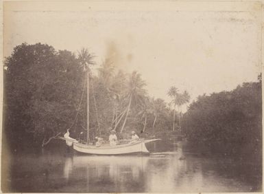 Five men in a boat at Pohnpei, 1886