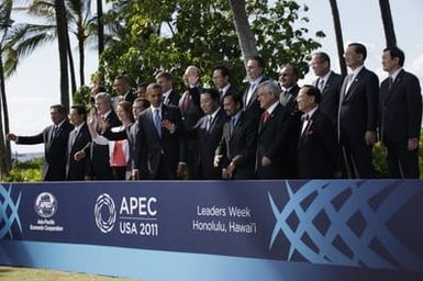 Barack Obama poses with other leaders for the APEC Family Photo in Honolulu, Hawaii, November 13, 2011