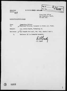 USS KNOX - AA Act Rep, 6/15/44, Off Saipan Is, Marianas