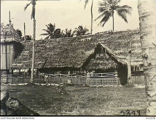 MADANG, NEW GUINEA. 1944-12-19. A SIDE VIEW OF THE RAAF MEMORIAL CHAPEL AT THE FORWARD RAAF BASE. WAR SCARRED COCONUT PALMS SURROUND THE CHAPEL. CHAPLAIN E. K. DITTERICH, THE COMMAND METHODIST ..