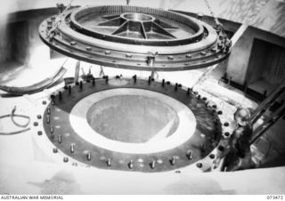 PORT MORESBY, NEW GUINEA. 1944-07. THE BASE OF 5.25 INCH GUN VIEWED DURING THE CONSTRUCTION OF NO.1 GUN AT BASILISK BATTERY, 801ST ANTI-AIRCRAFT AND COAST ARTILLERY BATTERY, HEADQUARTERS MORESBY ..