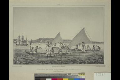 Habitans de l'ile Pouynipet avec leurs canots, Iles Carolines / dessine d'apres nature par A. Postels; Sabatier lith.; fig. par V. Adam