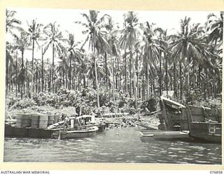 JACQUINOT BAY, NEW BRITAIN. 1944-11-07. STORES COMING ASHORE FROM THE AMERICAN TROOPSHIP, CAPE ALEXANDER ON HER ARRIVAL WITH TROOPS AND EQUIPMENT OF THE 5TH AUSTRALIAN BASE SUB AREA FROM LAE, NEW ..