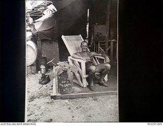 Astrolabe Bay, Madang, New Guinea, 1945-08-03. 82586 Flying Officer (FO) Allen Robert Griffiths, Administrative and Special Duties (A&SD) Intelligence, Headquarters, RAAF Northern Command (NORCOM), ..