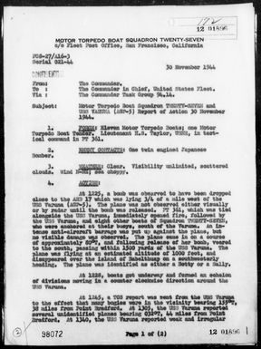 MTB RON 27 - Rep of Act Against Jap Aircraft in Kossol Passage, Palau Is on 11/30/44