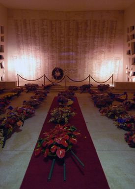 Wreaths lay in the shrine room of the battleship USS ARIZONA (BB 39) Memorial on the eve of the 63rd Commemoration of the December 7, 1941 attack on Pearl Harbor. More than 200 distinguished visitors and Pearl Harbor survivors will attend the ceremony. The keynote speaker for the event will be US Navy (USN) Vice Admiral (VADM) Gary Roughead, Deputy Commander, US Pacific Command (PACOM)