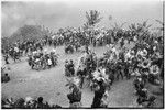 Pig festival, pig sacrifice, Tsembaga: large crowd on dance ground below ritual fence, awaits presentations of salted pork to honored allies