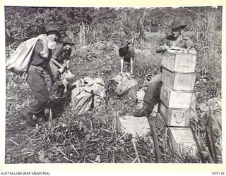 KIARIVU, NEW GUINEA, 1945-08-09. TROOPS OF NO. 20 PLATOON, 2/5 SUPPLY DEPOT COMPANY, AUSTRALIAN ARMY SERVICE CORPS, ATTACHED TO 2/7 INFANTRY BATTALION, CHECKING THE FIRST OF THE SUPPLIES AND FOOD ..