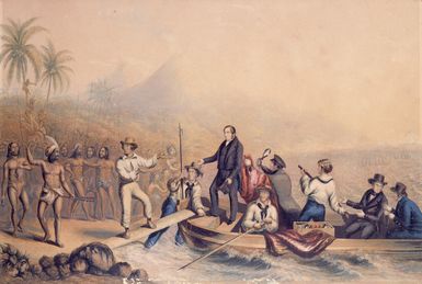 Baxter, George 1804-1867 :The reception of the Rev J Williams at Tanna, in the South Seas, the day before he was massacred. London ; G Baxter, 1841