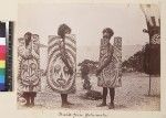 Portrait of three men with ceremonial shields, Papua New Guinea, ca. 1890