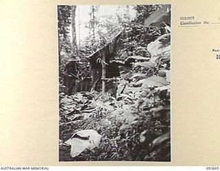 WEWAK AREA, NEW GUINEA, 1945-05-24. A PATROL FROM B COMPANY, 2/8 INFANTRY BATTALION, RETURNING PAST A JAPANESE Q STORE. CLOTHING AND EQUIPMENT, NOW BEING USED BY OUR TROOPS, CAN BE SEEN SCATTERED ..