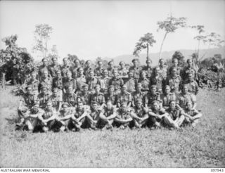 Torokina, Bougainville. 1945-10-12. Group portrait of the members of D Troop, 5th Battery, 2nd Field Regiment. Left to right, back row: VX69702 Sergeant (Sgt) R. S. A. Hardy of Morwell, Vic; ..