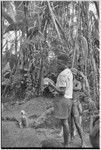 Returned laborers, purification ritual: man who has returned from contract labor holds a piglet for sacrifice to the ancestors