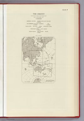 (Index to)The Orient. Transverse Mercator Projection, Scale 1:55,000,000. Marshall Islands, Gilbert and Ellice Islands, 1:10,000,000. New Hebrides and New Caledonia, 1:7,500,000. Fiji, 1:5,000,000. Vanua Levu, Vita Levu, Tonga, Kwajalein Atoll, 1:25000,000. Tongatapu Group, Vav'u Group, 1:1,000,000. Ocean Island, Wake Island Nauru, 1:250,000.