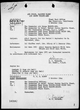 COMAIRGR 31 - Fwding VF 31 ACA Reps Nos 71-100 & VT 31 ACA Reps Nos 57-73 on air opers against the Palau & Philippine Islands, 9/1-2/45