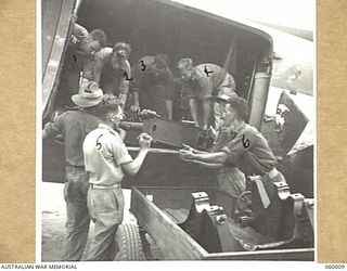 PORT MORESBY, NEW GUINEA. 1943-11-15. TROOPS OF THE 2/5TH AUSTRALIAN FIELD REGIMENT LOADING A DISMANTLED 25-POUNDER GUN INTO A DOUGLAS AIRCRAFT. SHOWN ARE: NX31832 BOMBARDIER J. L. TARRANT (1); ..