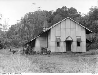 BUKAUA, NEW GUINEA. 1943-10-18. THE LUTHERAN MISSION CHURCH WHERE THE 11TH PLATOON, "B" COMPANY 29/46TH AUSTRALIAN INFANTRY BATTALION CAMPED ON THE NIGHT OF 1943-10-17. WHEN IN OCCUPATION THE ..