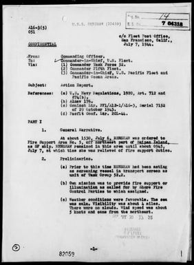 USS RENSHAW - Report of Bombardment of Saipan Island, Marianas on Night of 7/6-7/7/44.