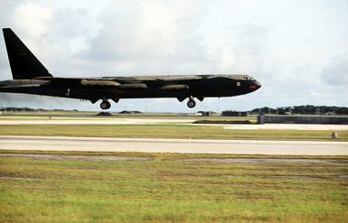 A right side view of a B-52G Stratofortress aircraft landing during Exercise Glad Customer '82. The aircraft is assigned to the 43rd Strategic Wing