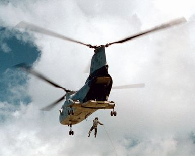 Sailors attached to Explosive Ordnance Disposal Mobile Unit Five (EODMU5) repel from a CH-46E "Sea Knight" helicopter attached to the "Providers" of Helicopter Combat Support Squadron Five (HC-5) over Orote Point, Santa Rita, Guam