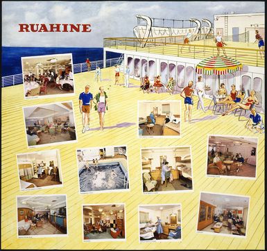 New Zealand Shipping Company :Ruahine. Dining saloon, lounge, two berth cabin ... [Printed by Brown Knight & Truscott Ltd, London and Tonbridge. 1950s?]
