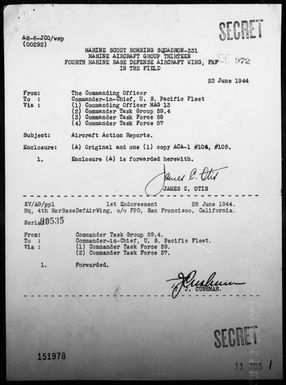 VMSB-331 - ACA Reports Nos 104-105 - Air operations against the Marshall Islands, 6/21/44