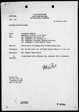 LCI(G)-396 - Rep of striking min and subsequent opers in the Palau Islands Area, 1/18/45