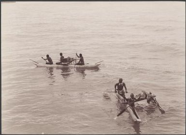 People of Nukapu in canoes, Reef Islands, Swallow Group, Solomon Islands, 1906 / J.W. Beattie