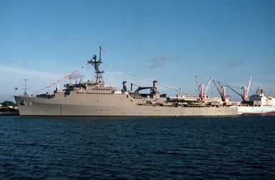 The amphibious transport dock USS DENVER (LPD-9) lies tied up during a visit to the naval station.